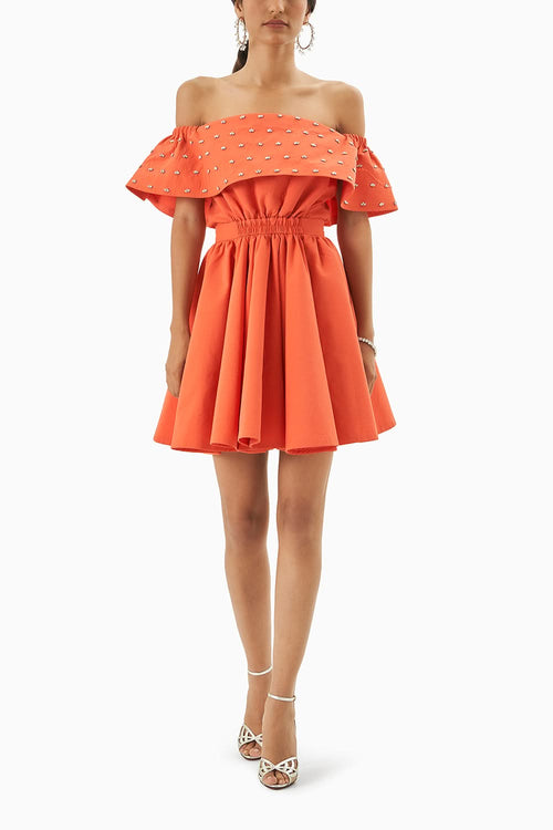 Orange Embellished Strapless Dress