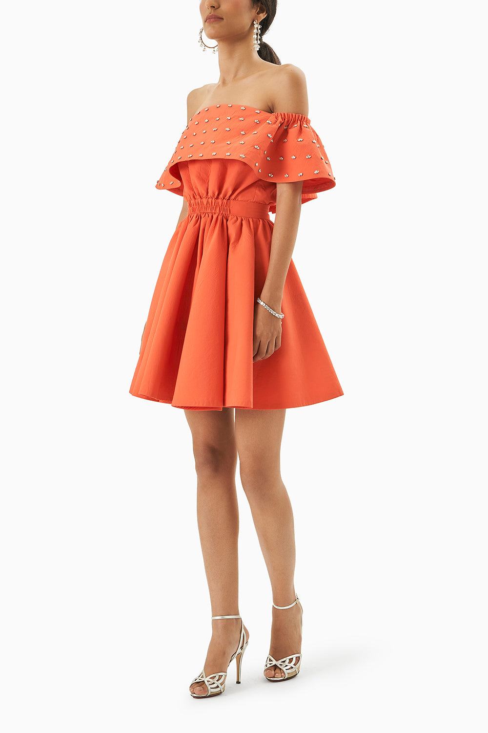 Orange Embellished Strapless Dress
