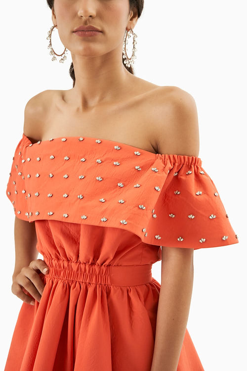 Orange Embellished Strapless Dress